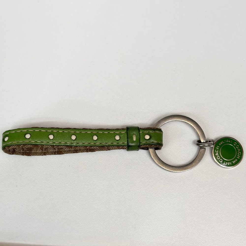 Coach Green Leather Signature Canvas Monogram Eyelet Keychain Logo Charm
